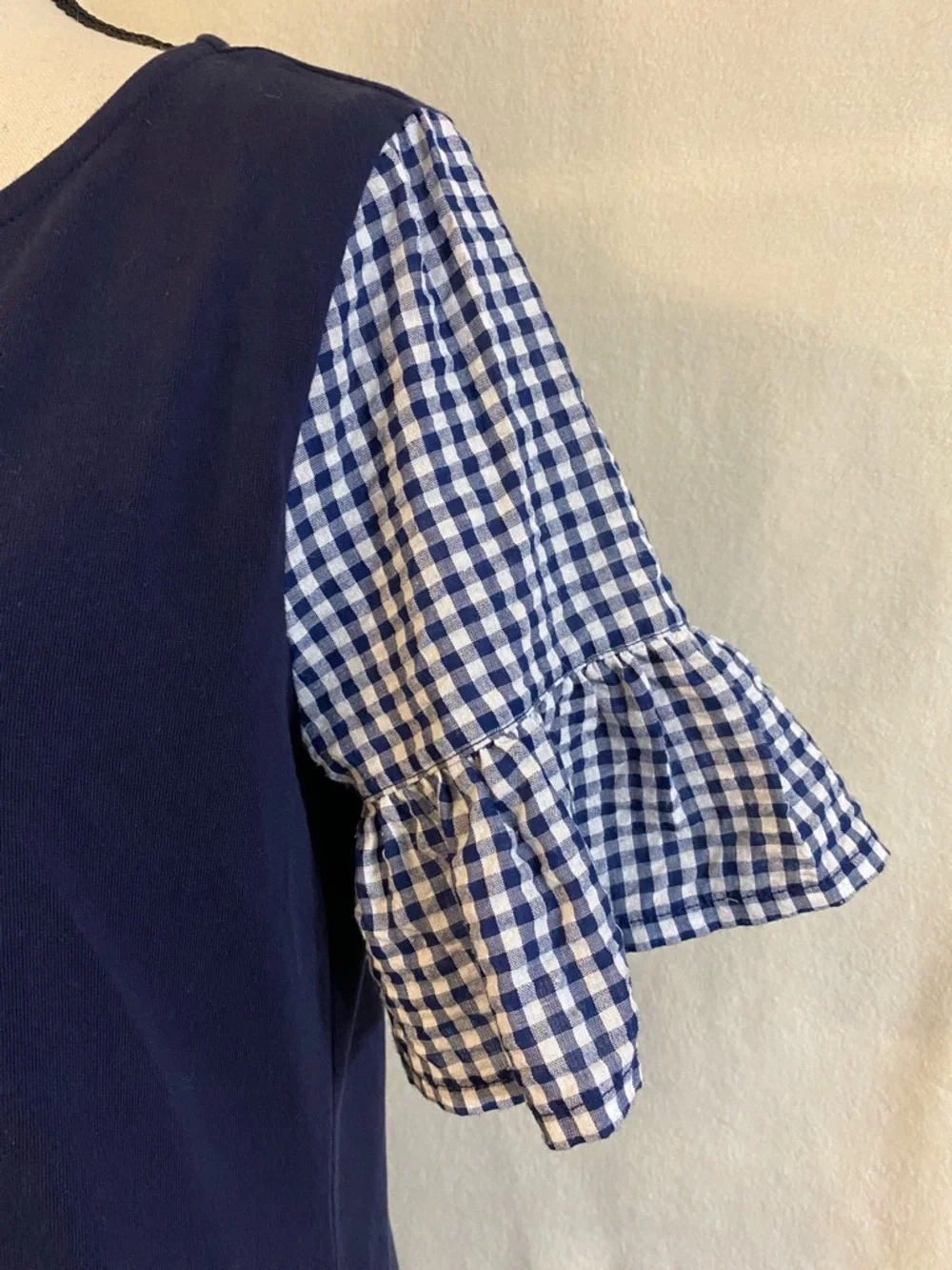 J. Crew navy blue & white gingham check bell sleeve dress
